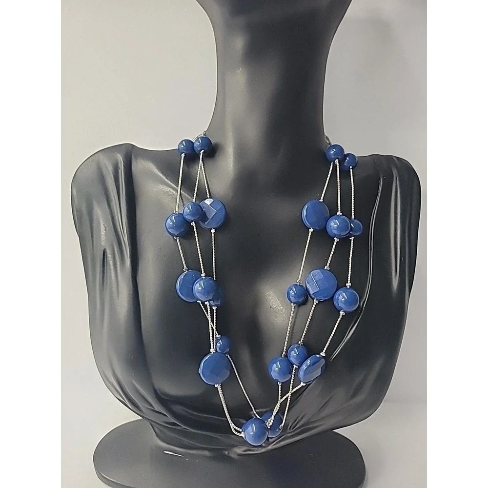 Vintage Blue Bead Multi Strand Silver Tone Necklace‎ Long Layered Statement